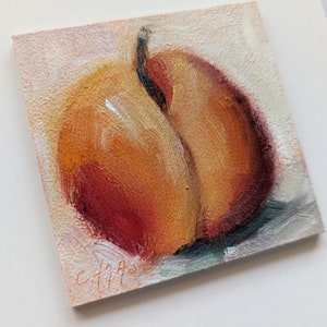 Miniature Original Oil Painting, Peach on White, Food Fine Art, Peach Painting, Small Format Painting, Free Shipping image 4