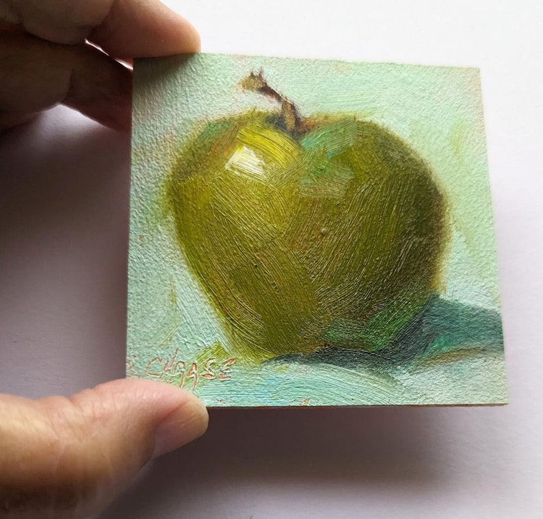 Miniature Original Oil Painting, Green Apple on Aqua, Food Fine Art, Apple Painting, Small Format Painting, Free Shipping image 3