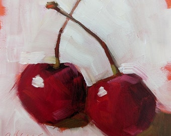 Original 4 x 4 Oil Painting, Cherries on White, Cherries Painting, Kitchen Art, Food Fine Art, Free Shipping