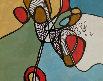 Original Abstract Mixed Media Painting, Whimsical Painting, 5.25 x 7.75 Inches, Work on Paper, 9 x 12 Matted, Free Shipping