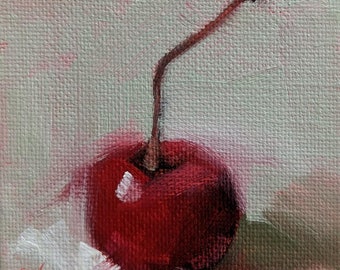 Original Oil Painting, Cherry Painting on Light Green Background, Kitchen Art, Small Format Art, 3 x 3 Cherry Painting, Free Shipping