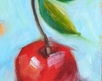 Miniature Original Oil Painting, Cherry with Leaf on Blue Background, Food Fine Art, Small Format Painting, Free Shipping