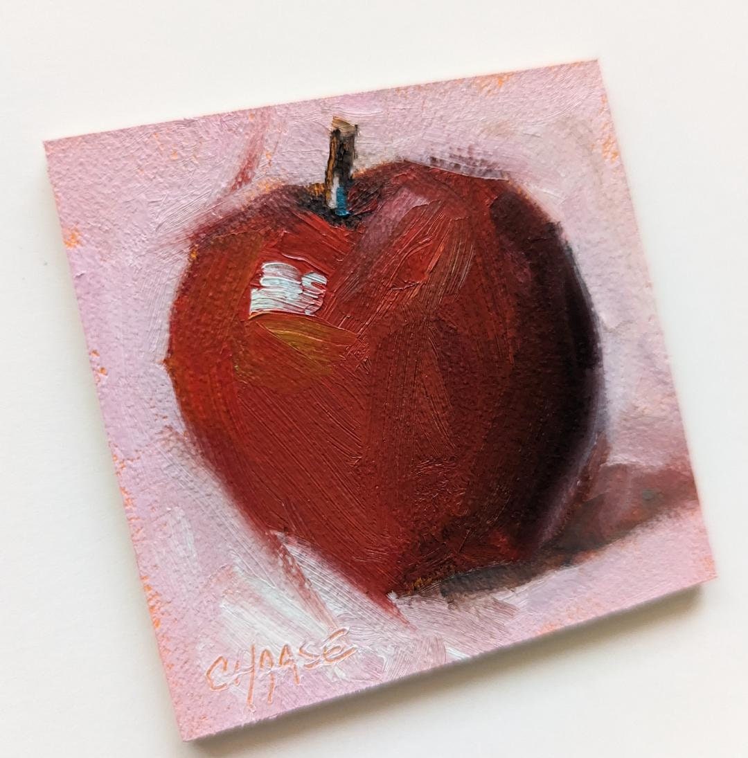 Miniature Original Oil Painting, Red Apple on Pink, Food Fine Art