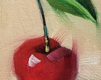 Miniature Original Oil Painting, Cherry with Leaf on Tan Background, Food Fine Art, Small Format Painting, Free Shipping