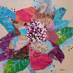 Original collage mixed media acrylic painting, 10 x 10 inches, canvas, floral, free shipping