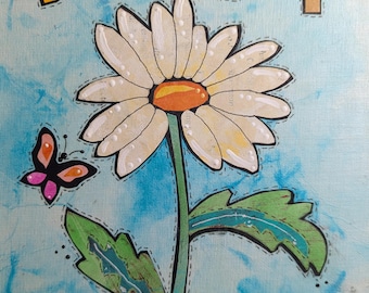 Original Whimsical Small Art, Daisy Painting, 9 x 7 Canvas Panel