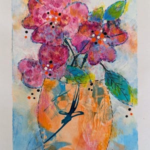 May include: An abstract floral painting featuring pink flowers in an orange vase. The artwork has a textured appearance with visible brushstrokes and a mix of colors, including blue, orange, and green. The artist's signature, "CHAASE," is visible in the lower right corner.