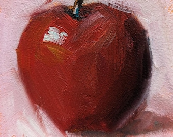 Peinture à l’huile originale miniature, pomme rouge sur rose, beaux-arts alimentaires, peinture de pomme, peinture petit format, livraison gratuite