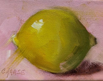 Peinture à l'huile originale miniature, citron sur rose, beaux-arts alimentaires, art petit format, peinture petit format, peinture au citron, livraison gratuite