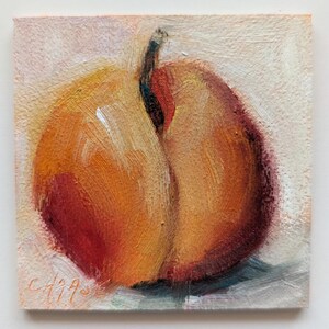 Miniature Original Oil Painting, Peach on White, Food Fine Art, Peach Painting, Small Format Painting, Free Shipping image 2