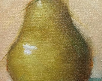 Magnet, Miniature Original Oil Painting, Pear on Light Orange, Small Format Art, Pear  Painting, Free Shipping