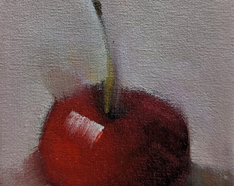 Miniature Original Oil Painting, Cherry on Neutral Background , Food Fine Small Format Painting, Cherry Painting, Free Shipping