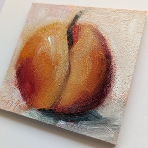 Miniature Original Oil Painting, Peach on White, Food Fine Art, Peach Painting, Small Format Painting, Free Shipping image 5