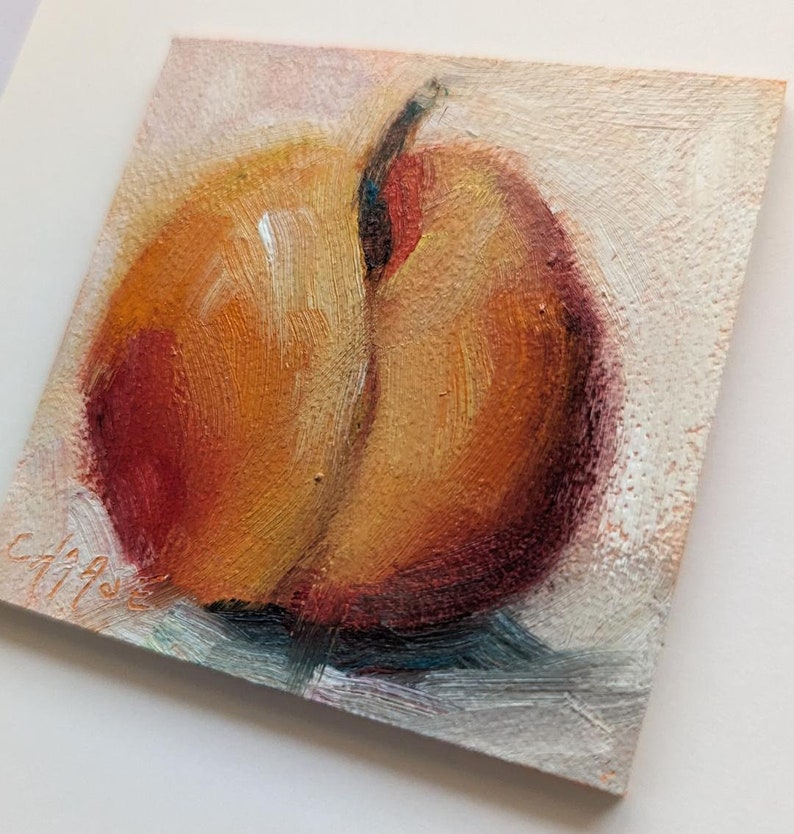 Miniature Original Oil Painting, Peach on White, Food Fine Art, Peach Painting, Small Format Painting, Free Shipping image 5