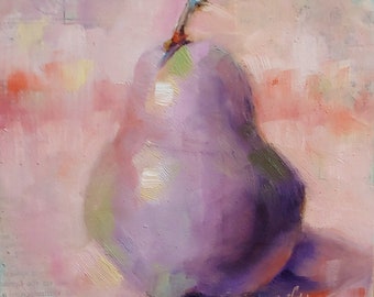 Original 6 x 6 Oil Painting, Purple Pear, Pear Painting, Kitchen Art, Food Fine Art, Free Shipping