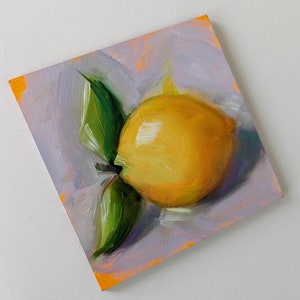 Peinture à lhuile originale 4 x 4, citron avec des feuilles sur violet pâle, citron peinture, cuisine Art, nourriture Fine Art, livraison gratuite image 3