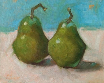 Original 8 x 10 Oil Painting, Two Pears, Pears on Aqua, Kitchen Art, Food Fine Art, Free Shipping