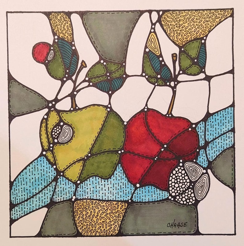 Original Pen and Ink and Mixed Media Drawing, Whimsical Apple Drawing, Neuro Art, Abstract. 8 x 8 Inches, Work on Paper, Free Shipping image 1