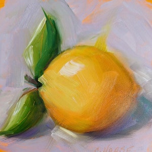 Peinture à lhuile originale 4 x 4, citron avec des feuilles sur violet pâle, citron peinture, cuisine Art, nourriture Fine Art, livraison gratuite image 1