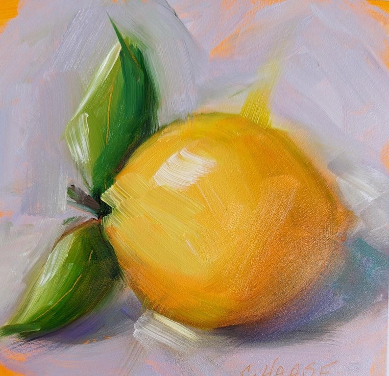 Peinture à lhuile originale 4 x 4, citron avec des feuilles sur violet pâle, citron peinture, cuisine Art, nourriture Fine Art, livraison gratuite image 1