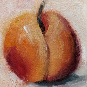 Miniature Original Oil Painting, Peach on White, Food Fine Art, Peach Painting, Small Format Painting, Free Shipping image 1
