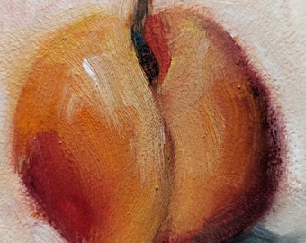 Miniature Original Oil Painting, Peach on White, Food Fine Art, Peach Painting, Small Format Painting, Free Shipping