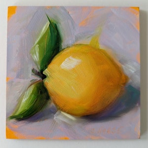 Peinture à lhuile originale 4 x 4, citron avec des feuilles sur violet pâle, citron peinture, cuisine Art, nourriture Fine Art, livraison gratuite image 2