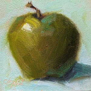 Miniature Original Oil Painting, Green Apple on Aqua, Food Fine Art, Apple Painting, Small Format Painting, Free Shipping image 1