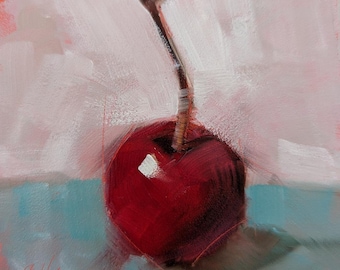 Original 4 x 4 Oil Painting, Red Cherry on White and Turquoise, Cherry Painting, Kitchen Art, Food Fine Art, Free Shipping