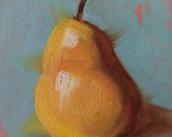 Small Original Oil Painting, Pear, 4 x 4", Unframed, Wall Art, Kitchen Art, Free Shipping, Pear Painting, Fruit Painting