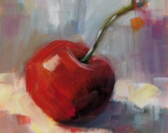 Original 4 x 4 Oil Painting, Cherry on Multicolored Background, Cherry Painting, Kitchen Art, Food Fine Art, Free Shipping