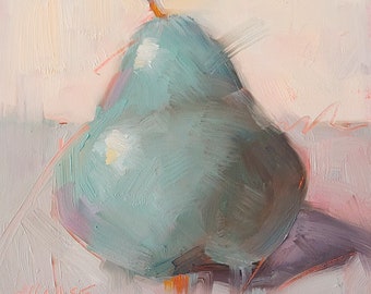 Original 6 x 6 Oil Painting, Turquoise Pear, Pear Painting, Kitchen Art, Food Fine Art, Free Shipping