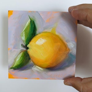 Peinture à lhuile originale 4 x 4, citron avec des feuilles sur violet pâle, citron peinture, cuisine Art, nourriture Fine Art, livraison gratuite image 5
