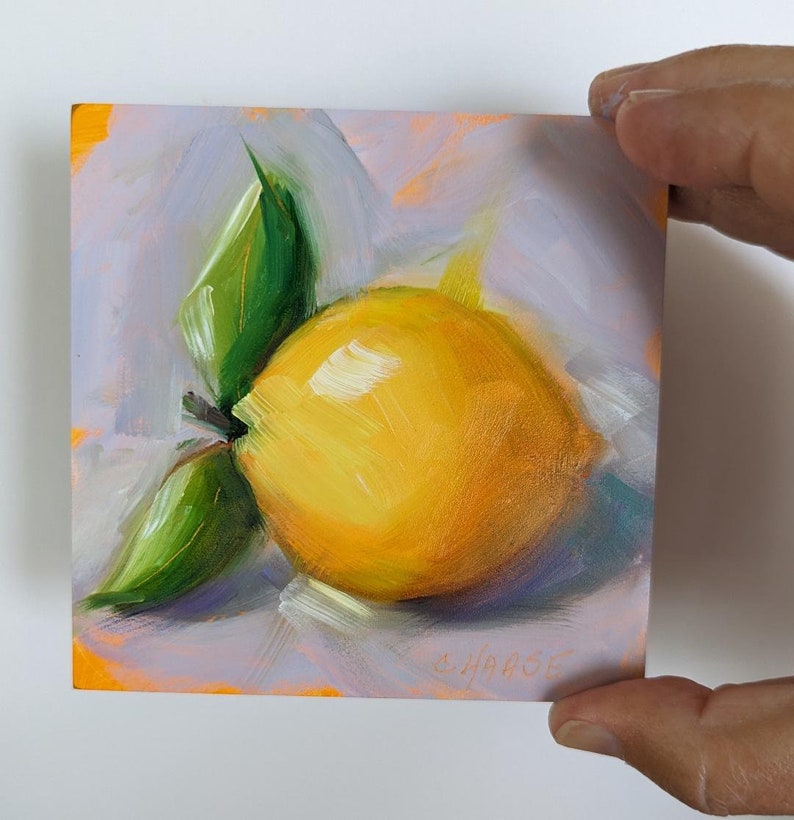 Peinture à lhuile originale 4 x 4, citron avec des feuilles sur violet pâle, citron peinture, cuisine Art, nourriture Fine Art, livraison gratuite image 5