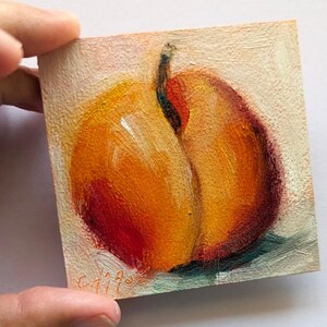 Miniature Original Oil Painting, Peach on White, Food Fine Art, Peach Painting, Small Format Painting, Free Shipping image 3