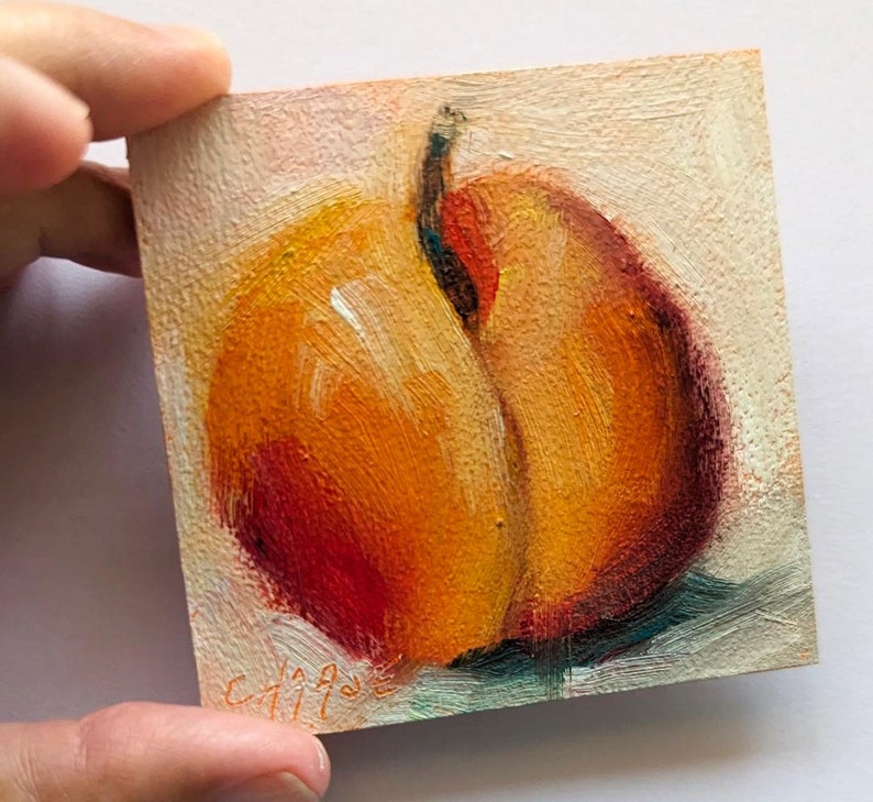 Miniature Original Oil Painting, Peach on White, Food Fine Art, Peach Painting, Small Format Painting, Free Shipping image 3