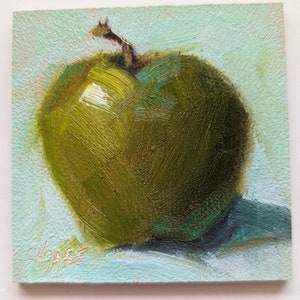 Miniature Original Oil Painting, Green Apple on Aqua, Food Fine Art, Apple Painting, Small Format Painting, Free Shipping Bild 2