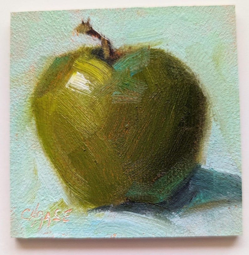 Miniature Original Oil Painting, Green Apple on Aqua, Food Fine Art, Apple Painting, Small Format Painting, Free Shipping image 2