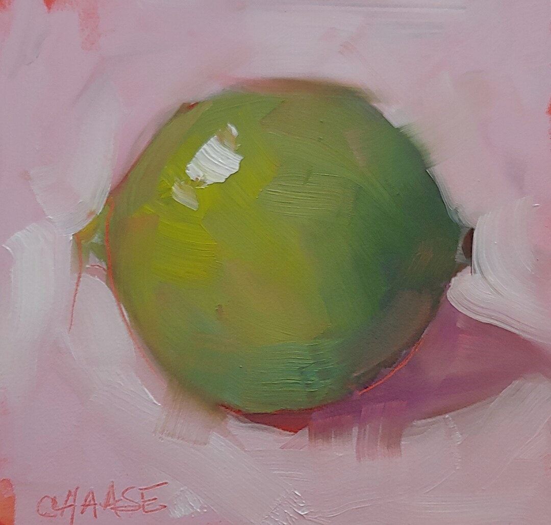 Original 4 X 4 Oil Painting, Lime on Pink, Lime Painting, Kitchen Art