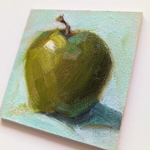 Miniature Original Oil Painting, Green Apple on Aqua, Food Fine Art, Apple Painting, Small Format Painting, Free Shipping Bild 5