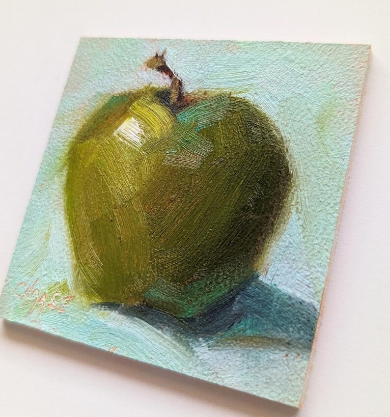 Miniature Original Oil Painting, Green Apple on Aqua, Food Fine Art, Apple Painting, Small Format Painting, Free Shipping image 5