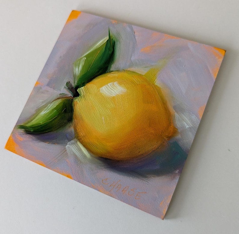 Peinture à lhuile originale 4 x 4, citron avec des feuilles sur violet pâle, citron peinture, cuisine Art, nourriture Fine Art, livraison gratuite image 4