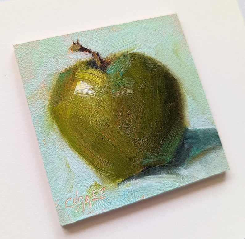 Miniature Original Oil Painting, Green Apple on Aqua, Food Fine Art, Apple Painting, Small Format Painting, Free Shipping image 4