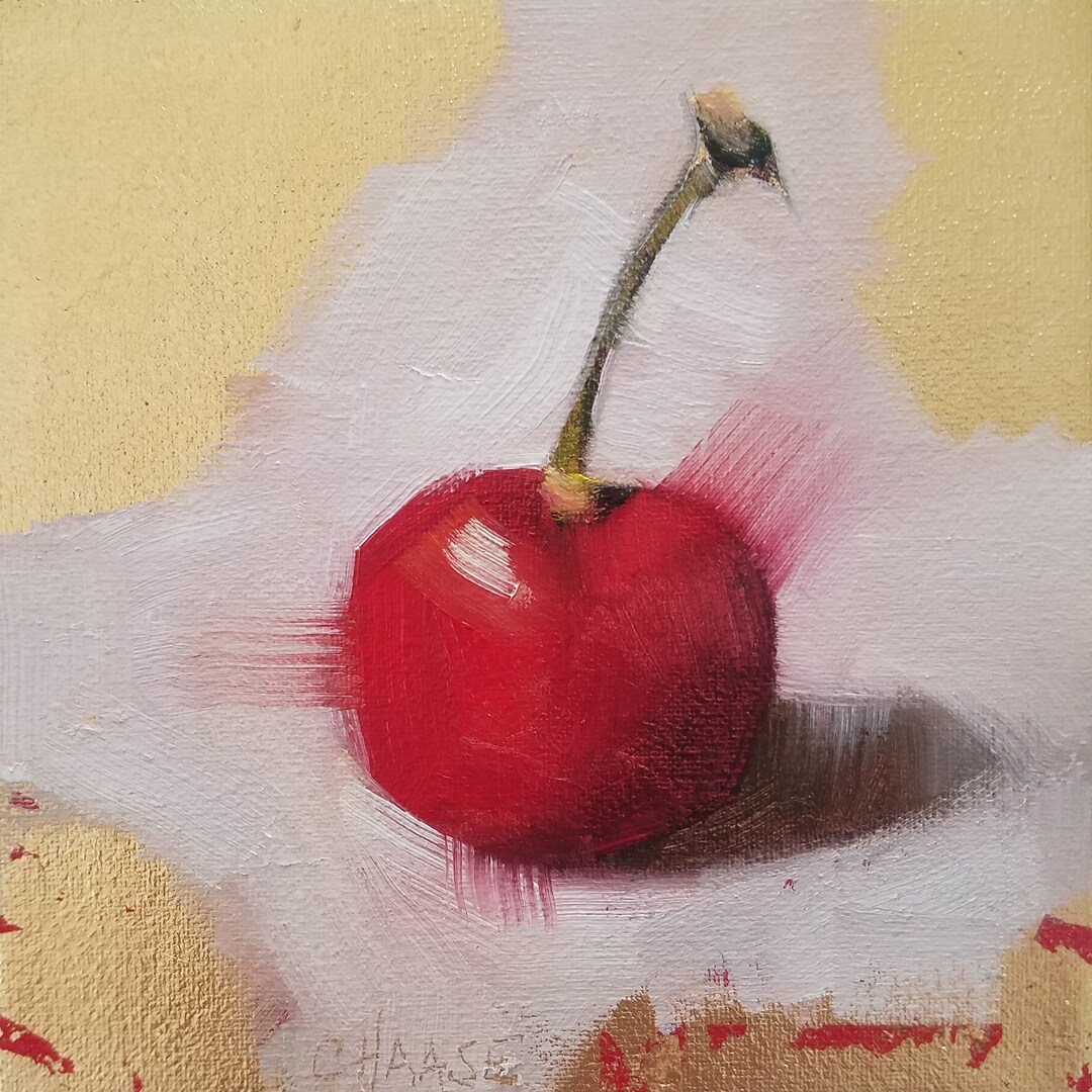 Original Oil Painting, Cherry on White on Gold Leaf, Kitchen Art, Food ...