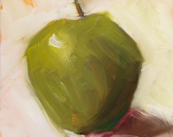 Original 6 x 6 Oil Painting, Green Apple, Apple Painting, Kitchen Art, Food Fine Art, Free Shipping