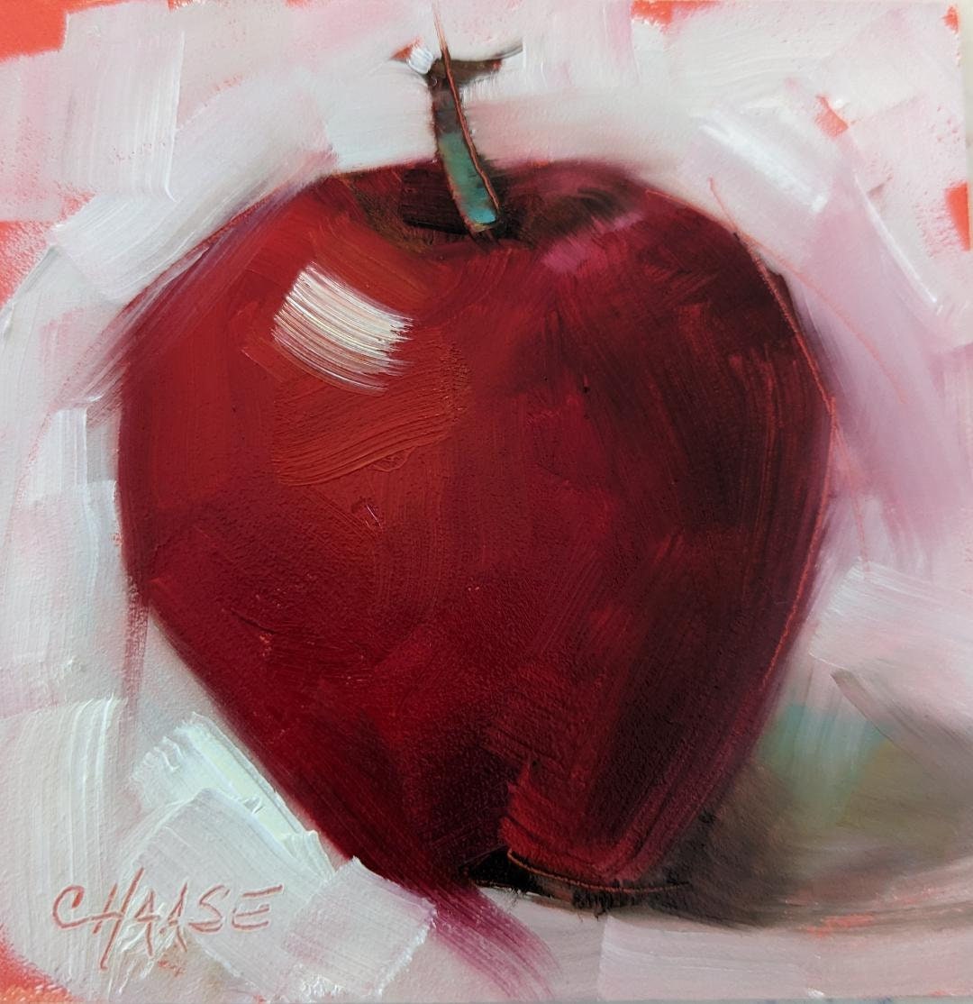 Original 4 X 4 Oil Painting, Red Apple on White, Apple Painting