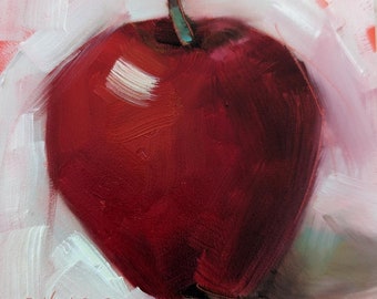 Peinture à l’huile originale 4 x 4, Pomme rouge sur blanc, Peinture de pomme, Art de cuisine, Beaux-arts alimentaires, Envoie gratuit