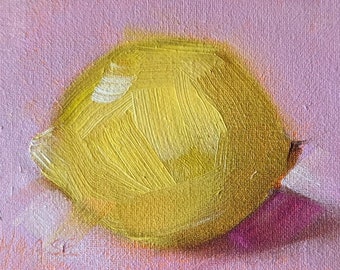 Magnet, Miniature Original Oil Painting, Lemon on Purple, Food Fine Art, Small Format Art, Lemon Painting, Free Shipping