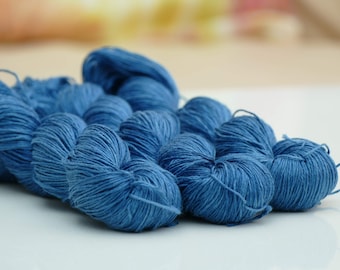 Hand-dyed linen vegan yarn, knitting crochet craft sport weight, light DK Denim.