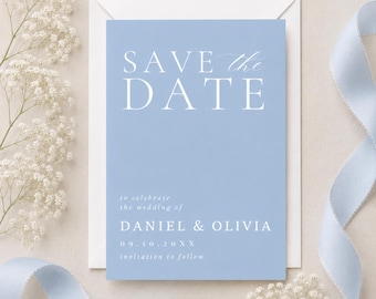 Bearbeitbare Save-the-Date-Vorlage | Pastellblaue Canva-Hochzeit | Druckbar in 5x7, A5 & Digital | Sofort-Download